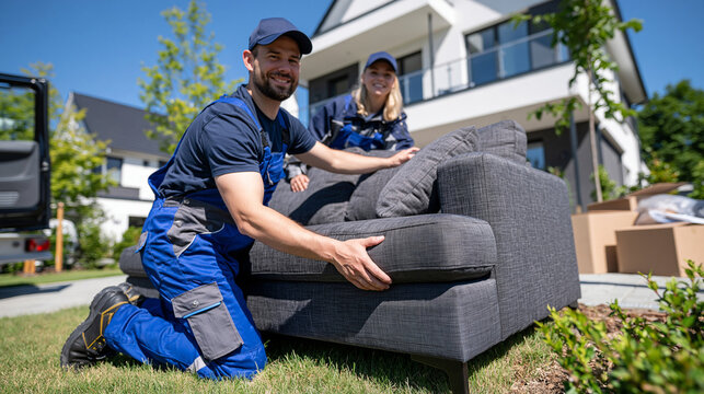 Wide angle view of two professional movers bringing a large fabric sofa into a newly purchased home, cardboard boxes and household belongings waiting to be unpacked, moving and relocation service, f