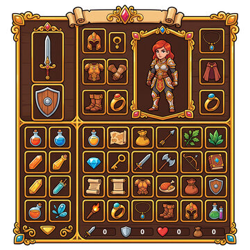Medieval RPG Character Inventory UI with Hero Avatar and Golden Ornate Border