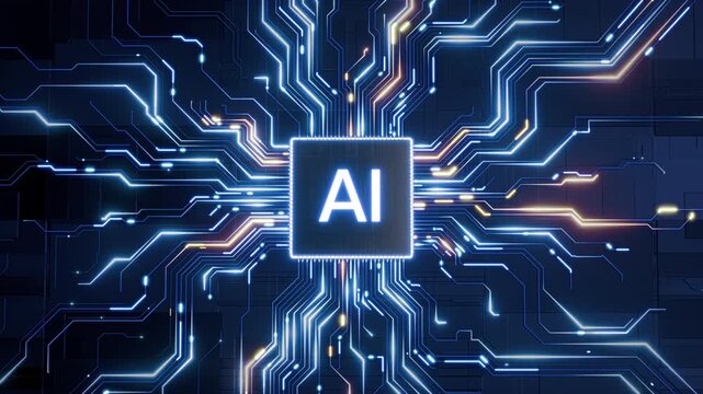 Artificial Intelligence AI AGI Chip with Glowing Blue Circuit Board and Data Connections
