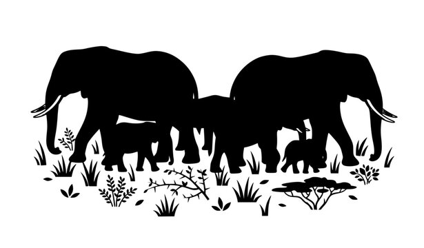 African Elephant Herd Walking in Green Season Botswana Wildlife Reserve Vector Illustration
