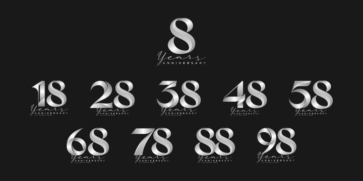 8 to 98 Years Anniversary Silver Number Collection, Luxury Metallic Celebration Emblem Set on Dark Background