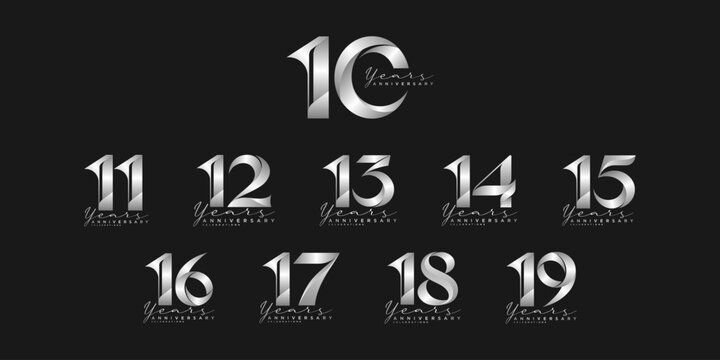 10 to 19 Years Anniversary Silver Number Collection, Elegant Metallic Milestone Celebration Emblem Set