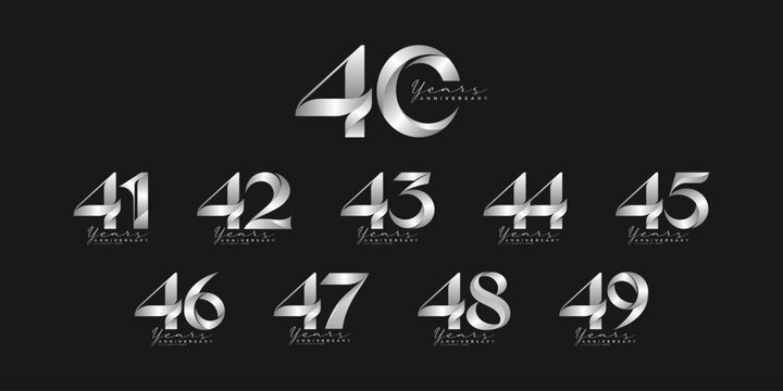 40 to 49 Years Anniversary Metallic Silver Number Collection, Elegant Celebration Emblem Set on Black Background