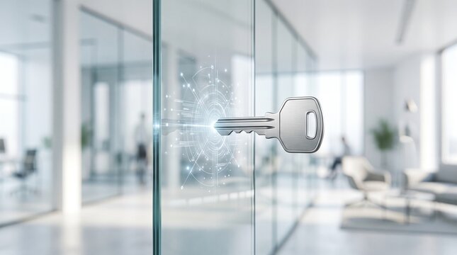Minimalist concept of a sleek silver key touching a smart glass with a glowing digital UI, smart office and digital access metaphor