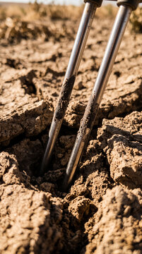 Dual metal probe soil sensor inserted into ground for moisture testing