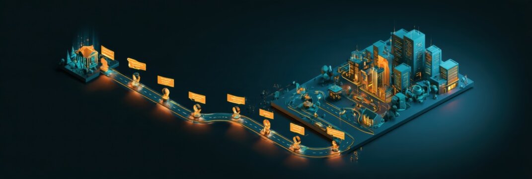 A 3D illustration shows a path of business growth from product launch to market expansion using a teal and amber palette.