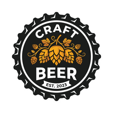 Craft Beer Logo Design in Bottle Cap Shape with Hop Cones