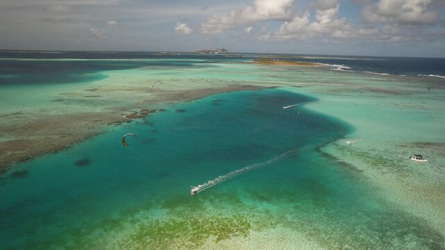 Aerial view of kitesurfing in Los Roques archipelago, Venezuela.