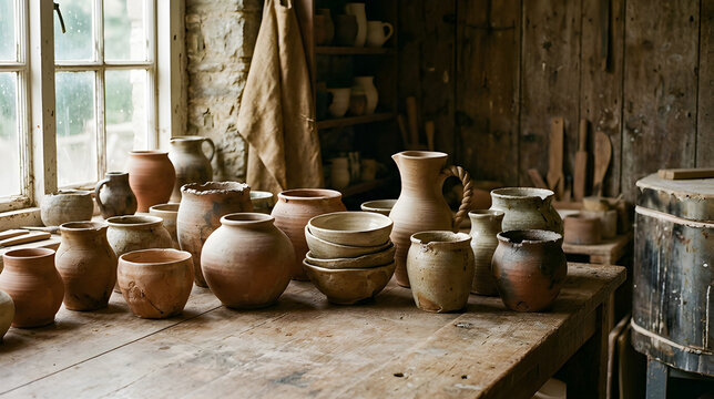 Handmade ceramic pottery displayed on a rustic wooden workbench in a craft studio