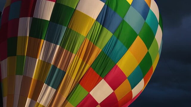 Colorful checkered hot air balloon fabric blowing in wind during inflation process against dark dramatic thunderclouds background, bright rainbow envelope texture waving before flight takeoff action