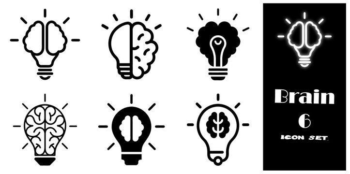 Brain in light bulb icon set. Creative, generating idea, solution , knowledge, lamp stock vector. idea and creativity vector collection. Creative idea and innovation light bulb icon. vector