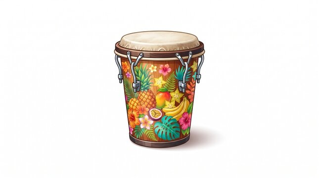 Colorful Tropical Fruit and Floral Patterned Conga Drum Musical Instrument Illustration