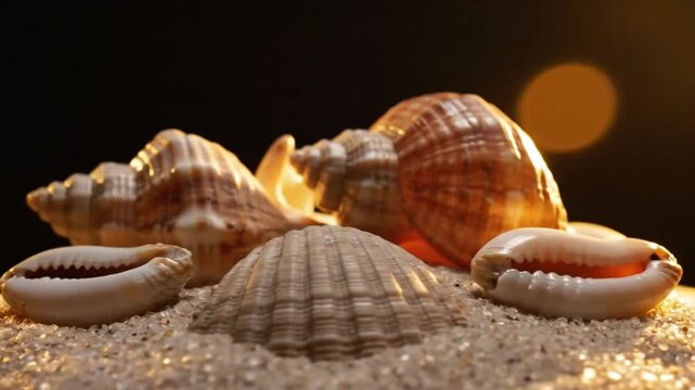 Close-up view of a collection of seashells nestled in glistening sand against a dark backdrop with a warm sun-like glow