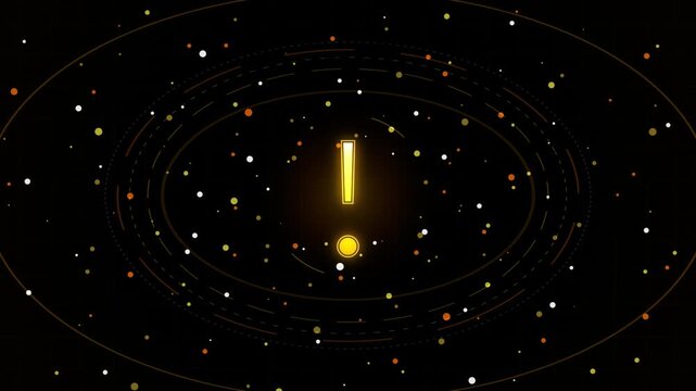 Glowing yellow exclamation mark icon with sci fi particles