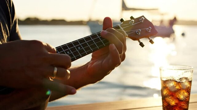 Relaxing outdoor scene of a person playing a ukulele by the water at sunset with a refreshing beverage