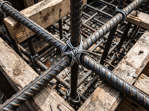 Reinforced steel rebar grid tied with binding wire inside wooden formwork