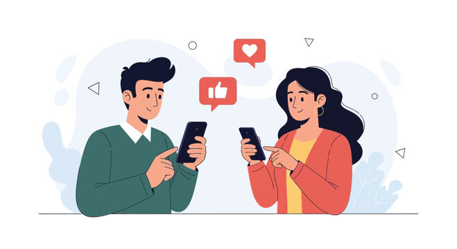 Young couple interacting on social media with smartphones, liking and sharing content with emojis.