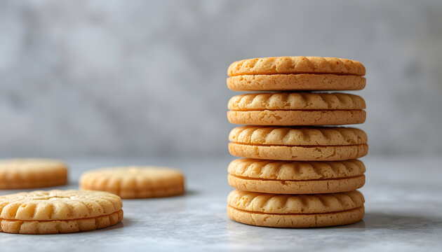Stack of golden round cream sandwich biscuits on grey marble table, sweet vanilla cookies bakery snack tea time and dessert food concept
