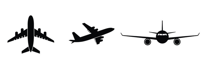 Black airplane icons showing top, side, and front perspectives with clean silhouettes for travel branding, aviation themes, transportation, and tourism designs. © Ashraful 2