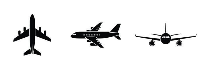 Black airplane icons showing top, side, and front perspectives with clean silhouettes for travel branding, aviation themes, transportation, and tourism designs. © Ashraful 2