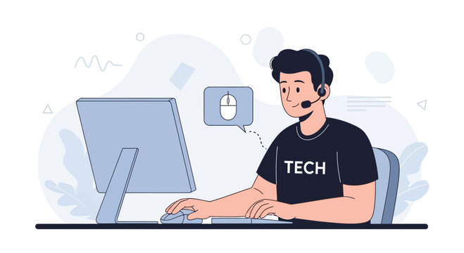 Young man with headset working on computer, tech support, customer service, digital communication, flat vector illustration