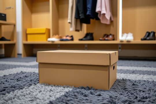An unbranded cardboard shoe box sitting on a plush fitting room carpet, soft flattering retail light, textless footwear mockup.