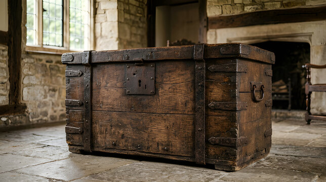 Vintage wooden chest with metal fittings resting on stone floor in historic interior