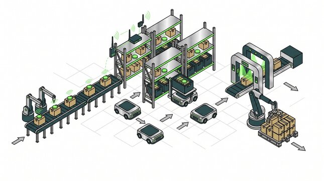 Isometric smart warehouse with automated robots and conveyor belts