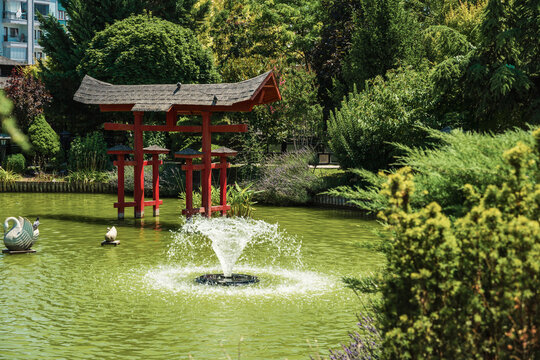 Torii gate and water fountain at Konya Kyoto Japanese Park, Turkey