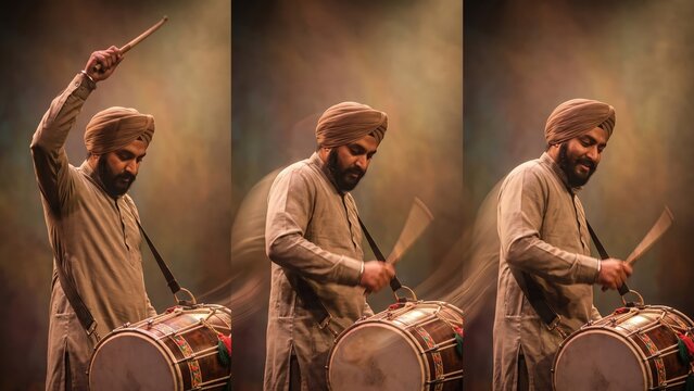 Dhol Player Drumming Sequence &ndash; Traditional Indian Percussion in Motion