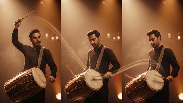 Dhol Player Drumming Sequence &ndash; Traditional Indian Percussion in Motion