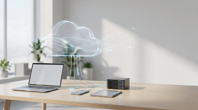 Digital cloud computing concept represented by glowing light particles floating above a wooden office desk with modern laptop server hardware and sleek mobile tablet devices