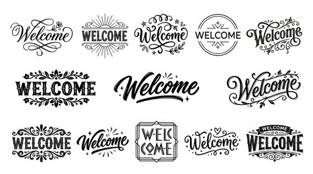 Collection of vintage welcome typography designs in black and white grunge style