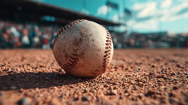 Dirty baseball lying on red clay dirt field