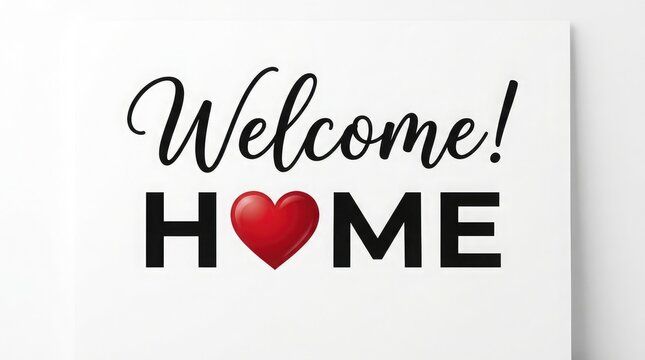 Welcome home typography with heart decor on a white wall background