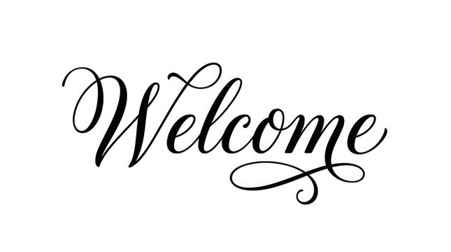 Elegant calligraphy of the word welcome in black ink on a white background
