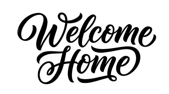 Elegant hand lettered calligraphy reading welcome home in black ink on a white background