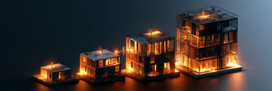 Small figures work at different levels of a building as it rises stage by stage under warm amber lighting against a dark background.