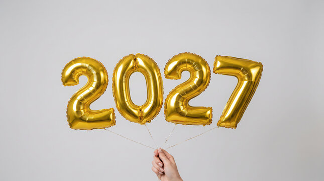 Woman holding gold foil balloons forming year 2027 against light background