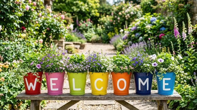 Colorful welcome sign made of flower pots in a lush garden setting