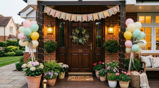 Festive home exterior decorated for a celebration with balloons and garlands
