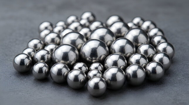 Pile of polished chrome steel ball bearings on a dark textured surface