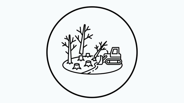 Deforestation icon: bulldozer clearing trees and stumps in forest, environmental impact concept