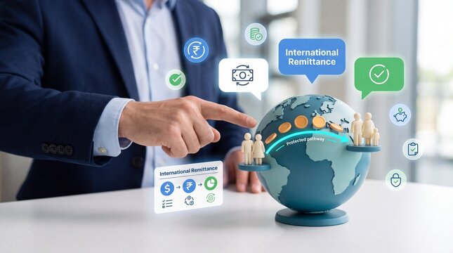 Businessman pointing at a globe model with international remittance financial suit interacts globe