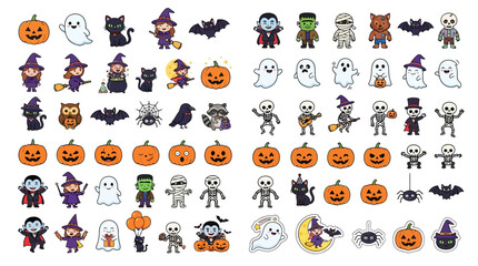 Obraz premium Halloween Vector Character Collection with Witch, Ghost, Pumpkin, Vampire, Skeleton, Bat, Cat and Spooky Cartoon Elements
