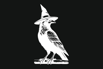 Obraz premium White Raven with Witch Hat Illustration Standing on a Perch