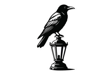 Obraz premium Black Crow Perched on Vintage Lantern in Detailed Silhouette Illustration