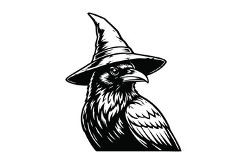 Obraz premium Black Crow in Witch Hat Illustration, Halloween Theme Vector Art