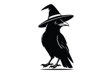 Obraz premium Black Raven Wearing Witch Hat Vector Illustration for Halloween. Spooky bird drawing in witch's pointy hat on white background.