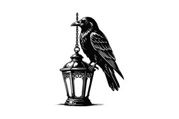Obraz premium Black and White Illustration of a Raven Perched on a Vintage Hanging Lantern